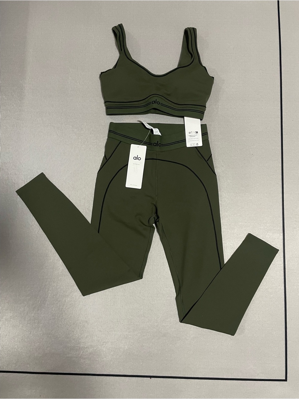 ALO Yoga Olive Green Contour Sports Bra and Leggings Set
